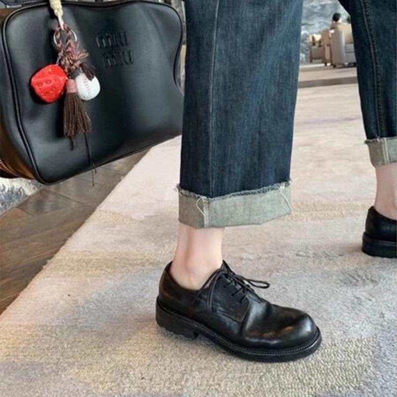 Вымытая лошадиная кожа~ Натуральная кожа ретро британские шнурованные маленькие кожаные туфли женские осенне-зимние новые Дерби на толстом каблуке туфли-лодочки