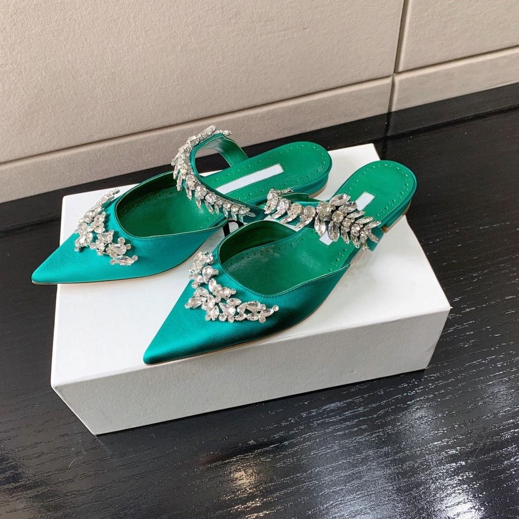 Модные Роскошные Хрустальные Туфли-Слиперы Пшеничное Ухо Стразы Остроносые Босоножки Верх из Шелка и Сатина Высокий Каблук Слиперы Женские