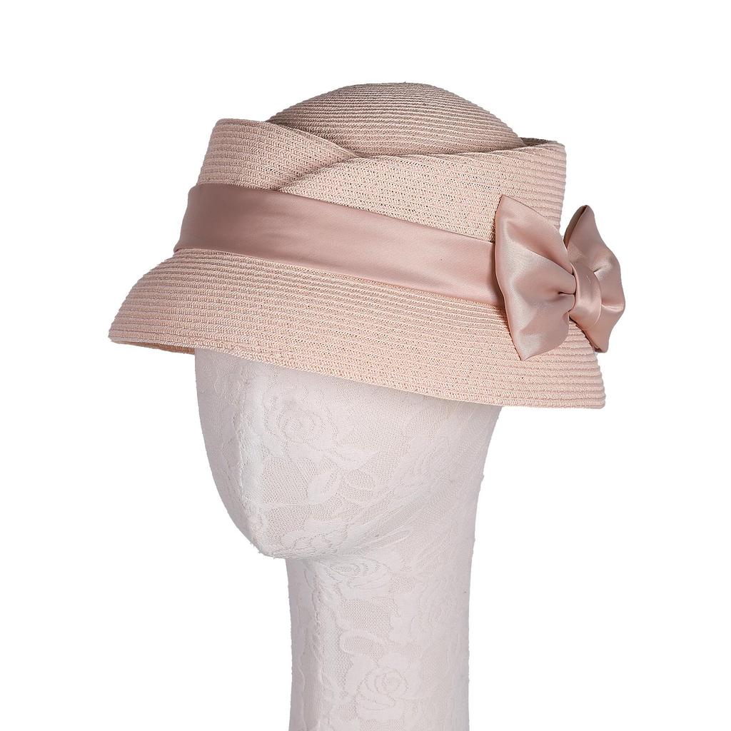 Women’s Vintage Straw Cloche Church Hat with Satin Bow | Elegant Bowler Bucket Hat for Tea Party Wedding Garden Formal Events