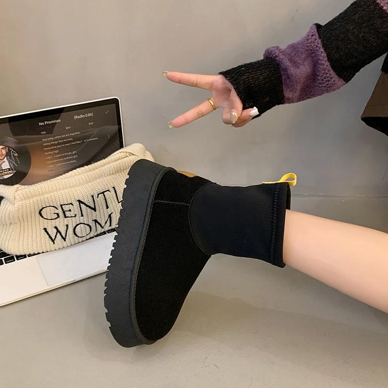 Женские платформенные балетки Зимние сапоги Мех Теплые хлопковые туфли Замшевые ботильоны Зимние плюшевые Женские 2025 Тренд Бренд Кожа Готические Ботинки Женские