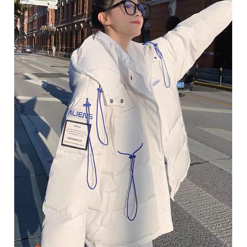 Winter  Loose Student Thicken Jacket with Hooded Fashionable Bat Sleeved White Parka Women