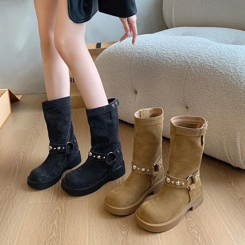 Обувь для женщин 2024 года, модные женские сапоги с круглым носком, замшевые, однотонные, средней толщины, на толстом каблуке, Botas De Mujer