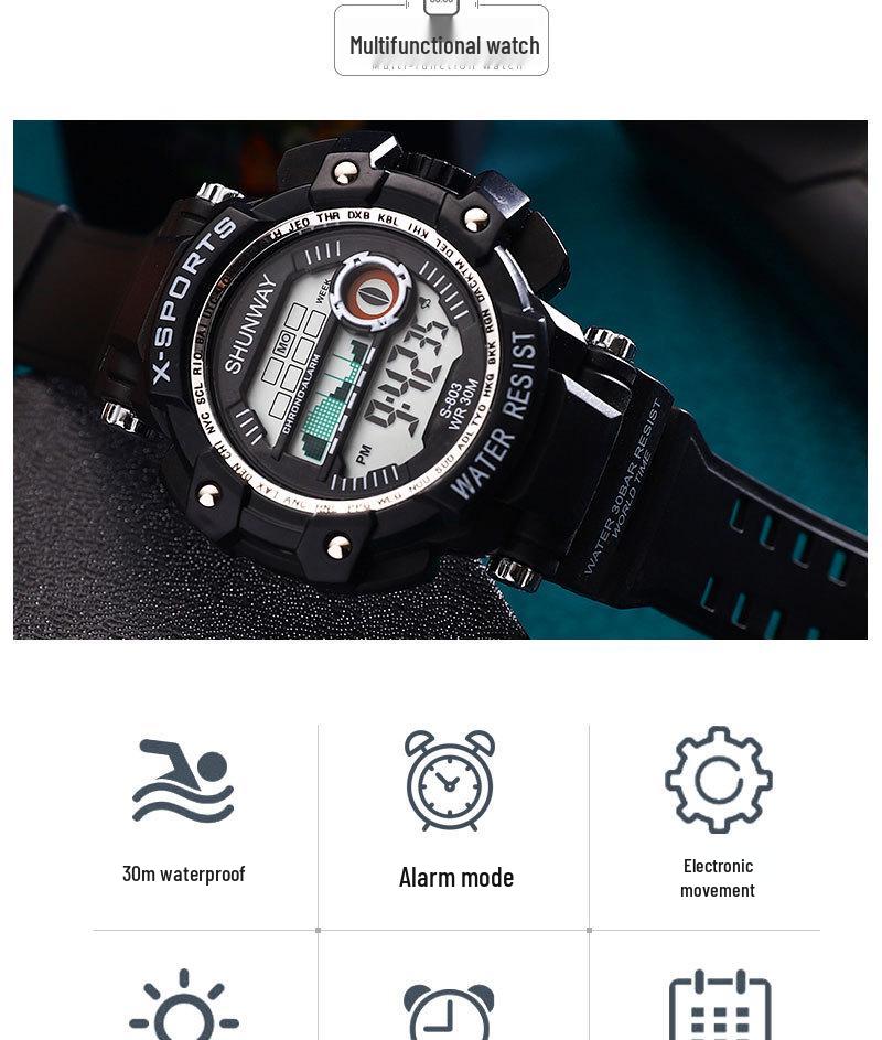 Светодиодные молодежные светящиеся водонепроницаемые спортивные часы-хронограф с многофункциональным дисплеем