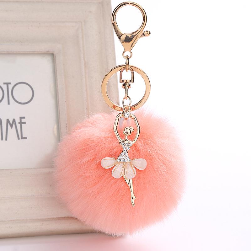 Ballet Dancing Girl Keyring Cute Fluffy Pompom Rhinestone Car Handbag Motorcycle Pendant Accessorie Keychain Retail Wholesale