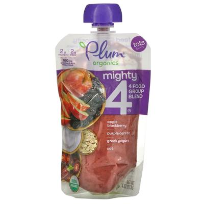 Plum Organics Могучий 4, Смесь 4 пищевых групп, Детский, Яблоко, Ежевика, Фиолетовая морковь, Греческий йогурт, Овес, 4 унции (113 г)