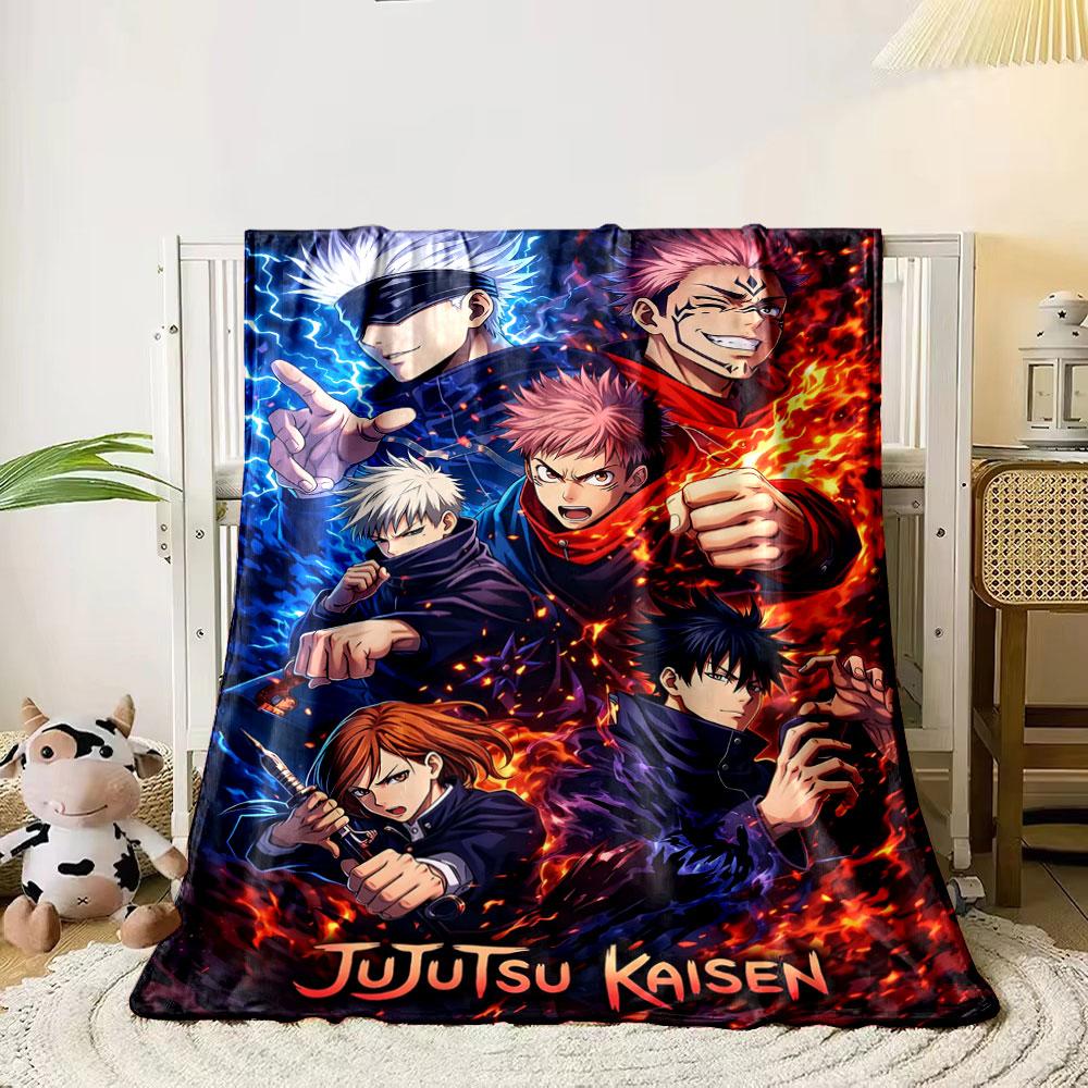 Blue and red flames surround characters in dynamic battle poses. for all seasons blanket lunch break throw gift