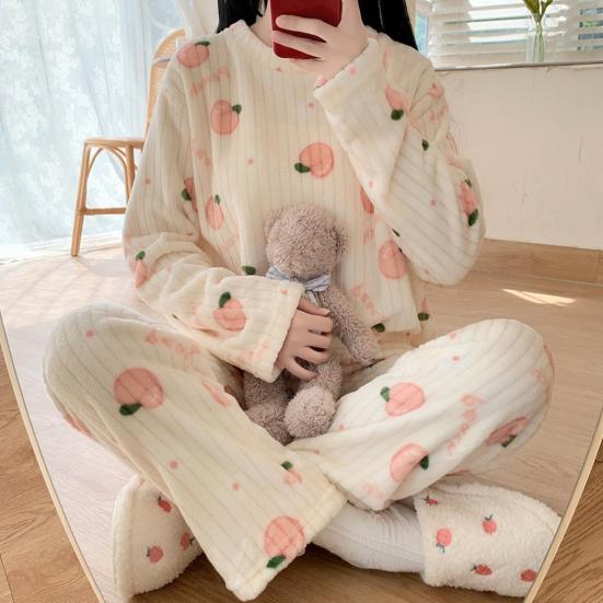 2 Pcs/Set Women Winter Pajamas Set Round Neck Cartoon Bear And Peach Pattern Long