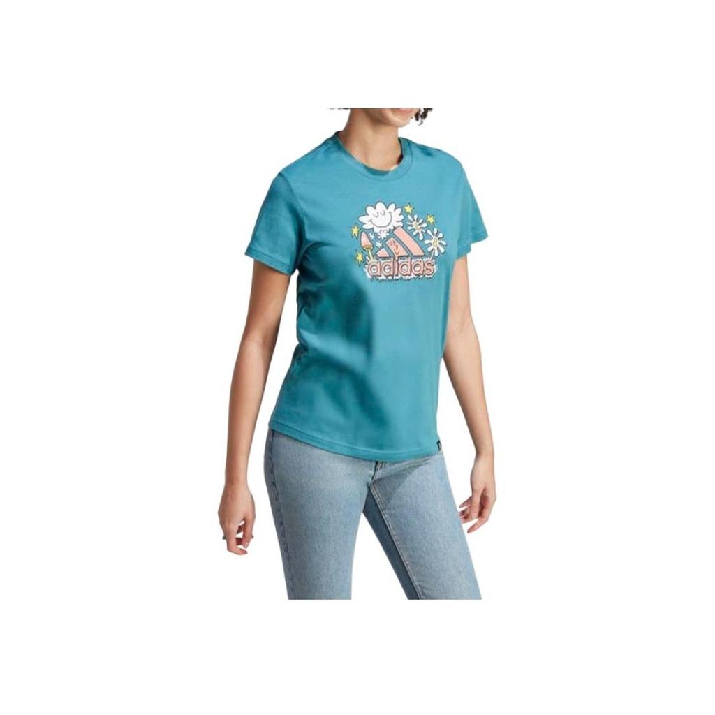 Adidas Быстросохнущая футболка с рисунком граффити, удобная, с коротким рукавом, женские топы, зеленый цвет IJ7330