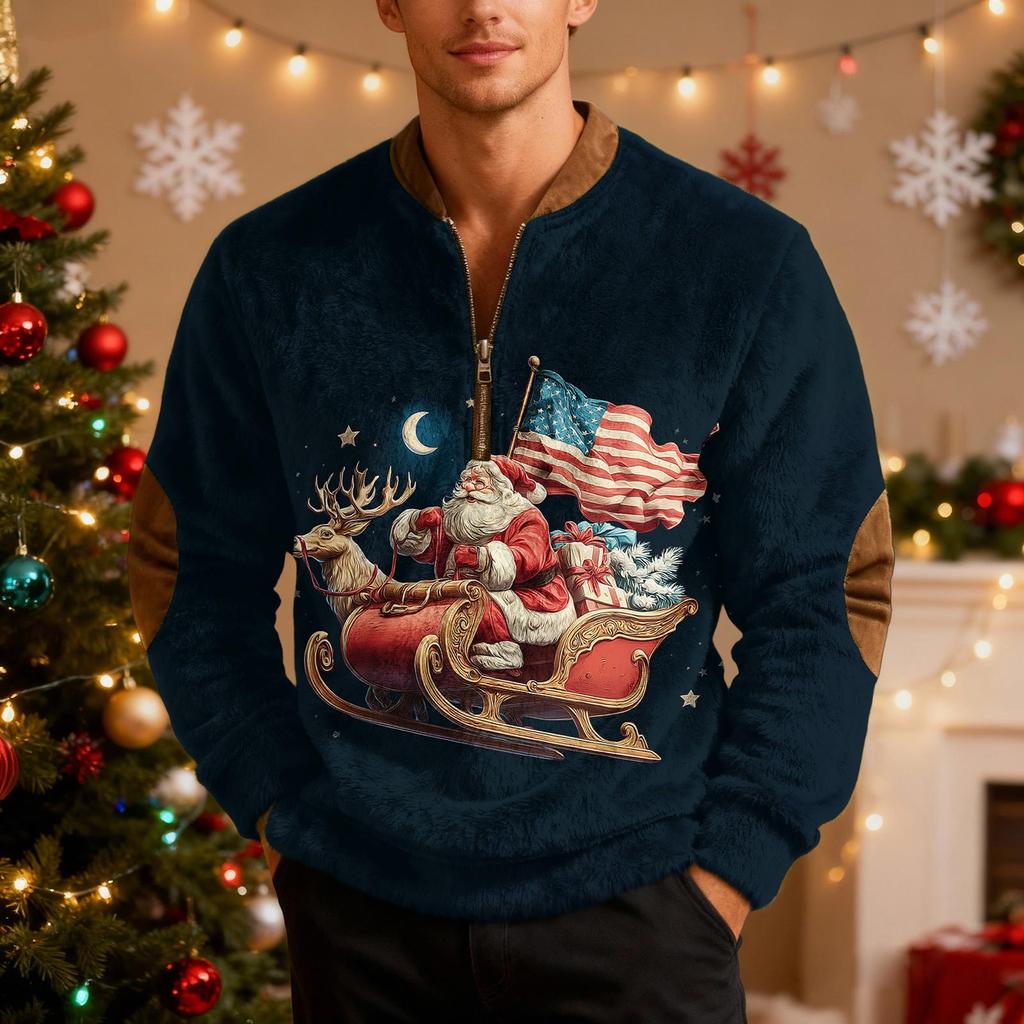 Мужской рождественский свитер на молнии, винтажный вязаный графический свитшот, рождественский пуловер со стойкой