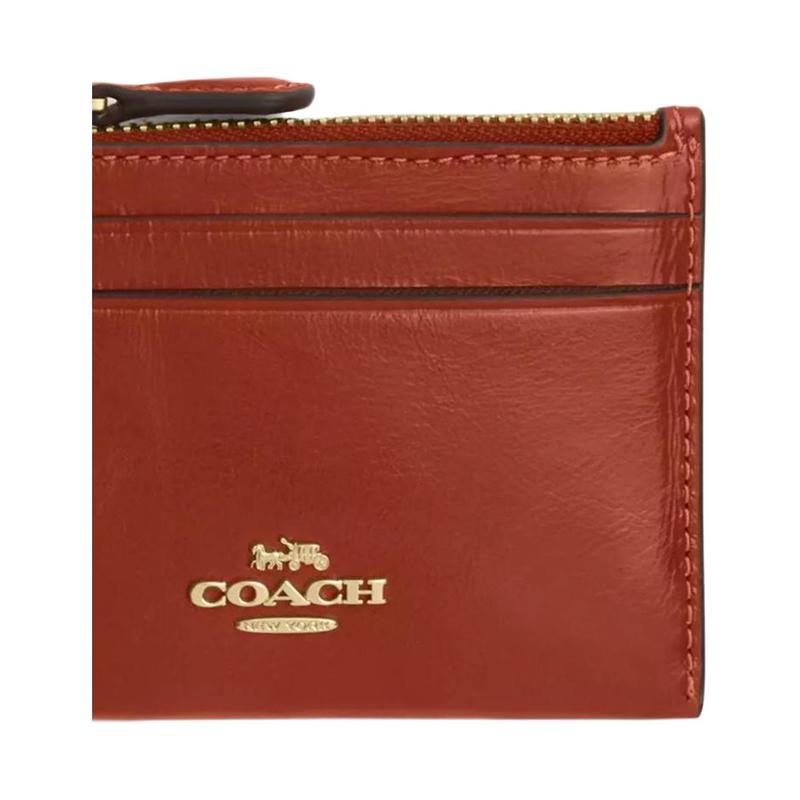 Coach Тонкий ID-кейс Металлическая фурнитура монограмма выгравированная мятая кожаный держатель для карт мини унисекс парный размер корица корица