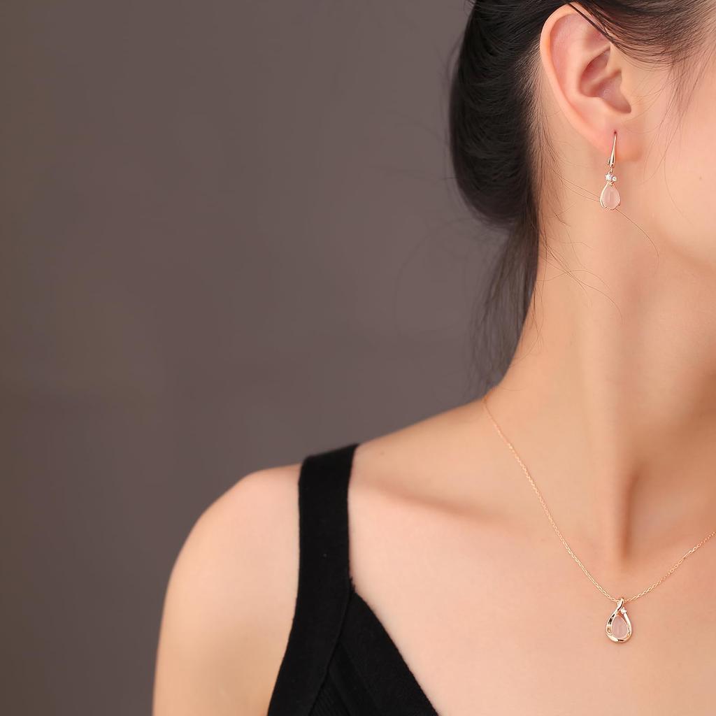 Necklace Earrings Set Natural Rose Quartz 18K Love Silver 925 Hypoallergenic Necklace Pink Gold Natural Stone Tea Anniversary Present for Accessories