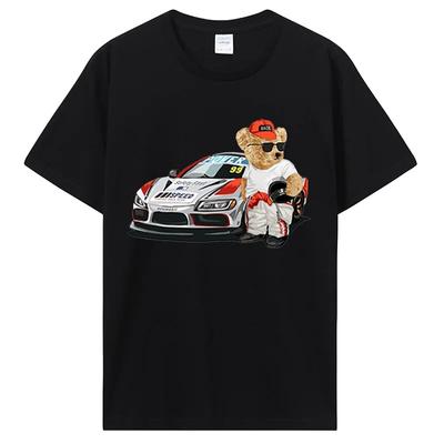 Футболка унисекс с надписью Teddy Bear Race Car, забавная футболка с рисунком, хлопковая футболка с короткими рукавами, одежда оверсайз, уличная одежда