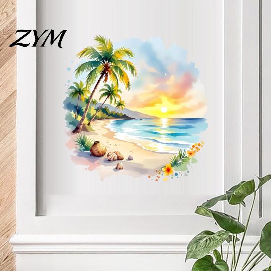 Island Style Home Decor Sunset Palm Tree Seaside Wall Decal, Watercolor Summer Beach Landscape Sticker, Removable Waterproof Mural Tropical