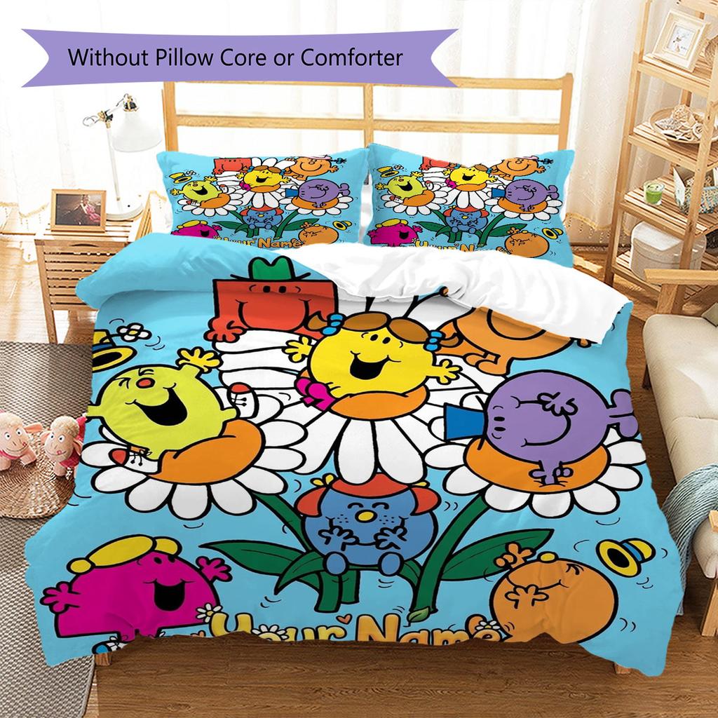 Mr. Men Little Miss Custom Name Pattern Bedding,Quilt Set Quilt Cover Pillowcase Home Birthday Gift(1 * duvet cover + 2 * pillowcase, without core)