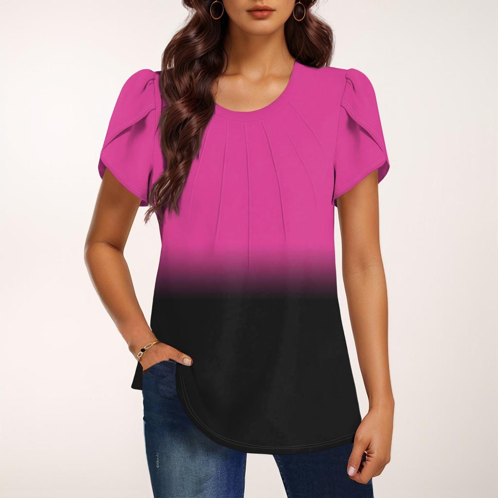 Женская модная футболка с круглым вырезом и коротким рукавом с градиентным принтом, повседневная базовая плиссированная футболка-пуловер