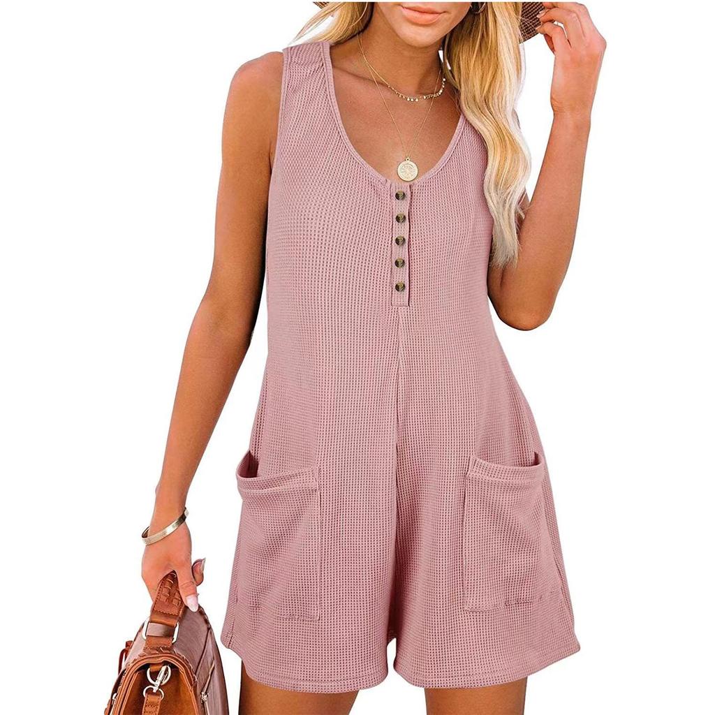 Womens Casual Scoop Neck With Pockets Sleeveless Button Down Tank Top Jumpsuit Shorts Rompers