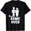 Забавная свадебная футболка для жениха и невесты "Game Over" Юмористический дизайн с кольцом и цилиндром Дышащая Круглый вырез Короткий рукав
