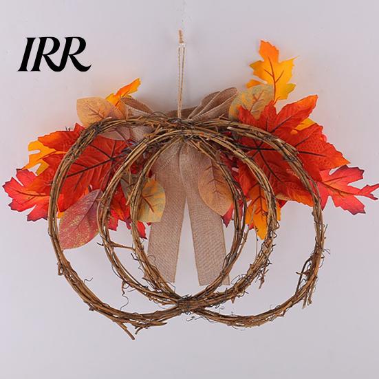 Waterproof Autumn Garland Fall Artificial Maple Leaf Wreath for Front Door, Thanksgiving Rattan with Ring Berries And Burlap Bow Harvest Door