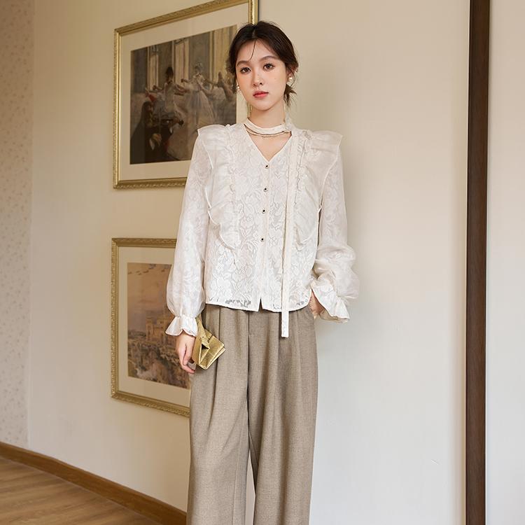 Mishow White Bow Blouse for Women Autumn 2023 Fashion Elegant Loose Lace V-neck Long Sleeve Button Casual Shirts MXC41X1280