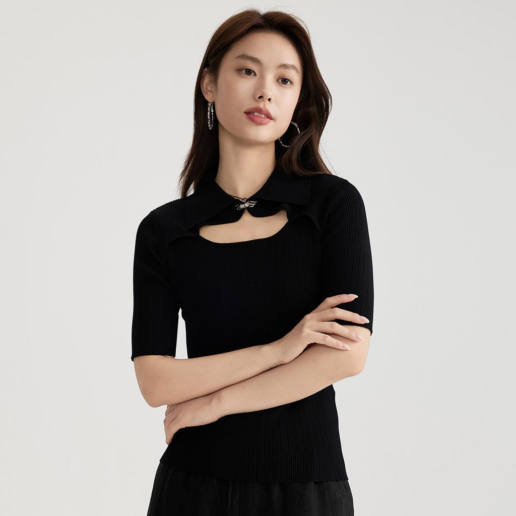 Fashionable slim fit women's short sleeved lapel knitted sweater 2025 spring and summer thin style hollow out small shirt top