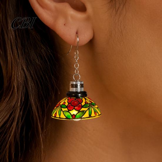 Exquisite Birthday Gift for Best Friends Retro Mini Hanging Lamp Shaped Earrings Women, Stained Glass Pattern French Style Alloy Ear Hooks Dangle with