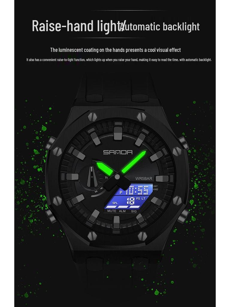 Sanda Octagonal Oak Men's Electronic Sports Watch - Waterproof, Lightweight, with Alarm Clock