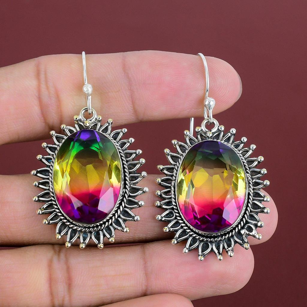 Faceted Multi Tourmaline Earring Genuine Gemstone Earring 925 Sterling Silver Earrings Handmade Jewelry Unique Design Earring Gifts For Wife