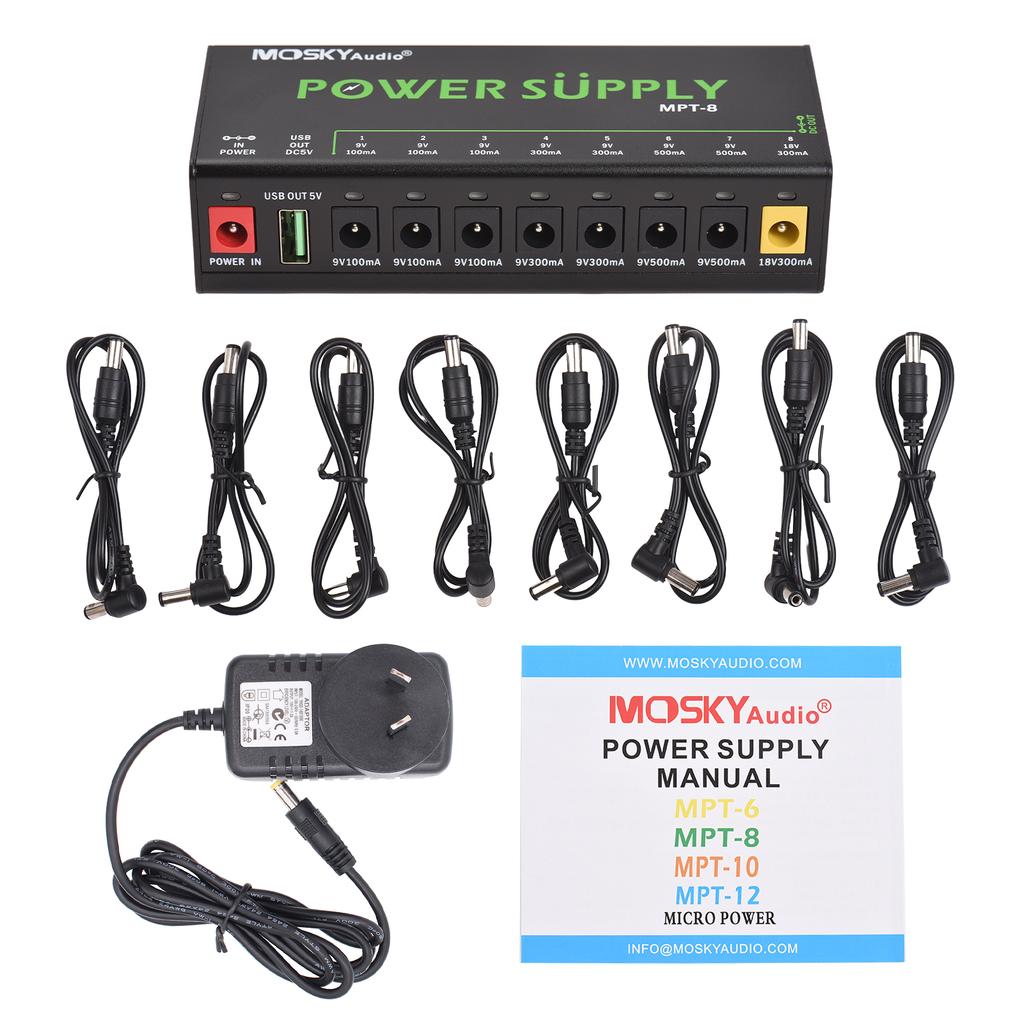 MOSKYAUDIO 8-Channel Guitar Pedal Power Supply with Independent Short Circuit Protection LED Power