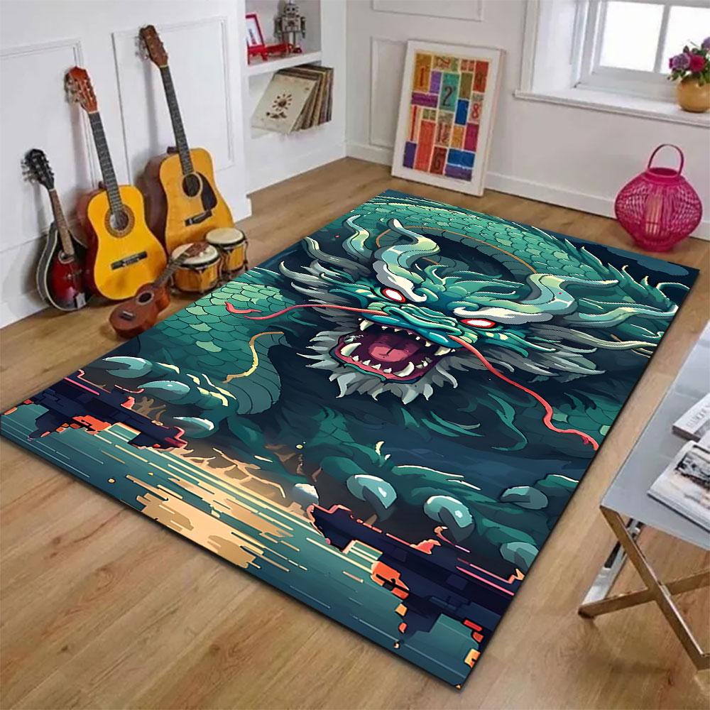 "Epic Green Dragon in Stormy Sky" Patterned carpet, suitable as a non slip play mat for the living room and bedroom sofa