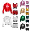 Kids Girls Sparkling Sequined Dance Costume Sleeveless Crisscross Strap Crop Top with Shorts and Metallic Jacket