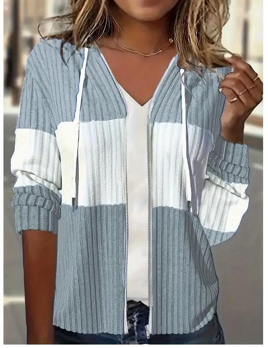 Женское оливково-зеленое худи на молнии в рубчик, белая контрастная полоса, капюшон со шнурком