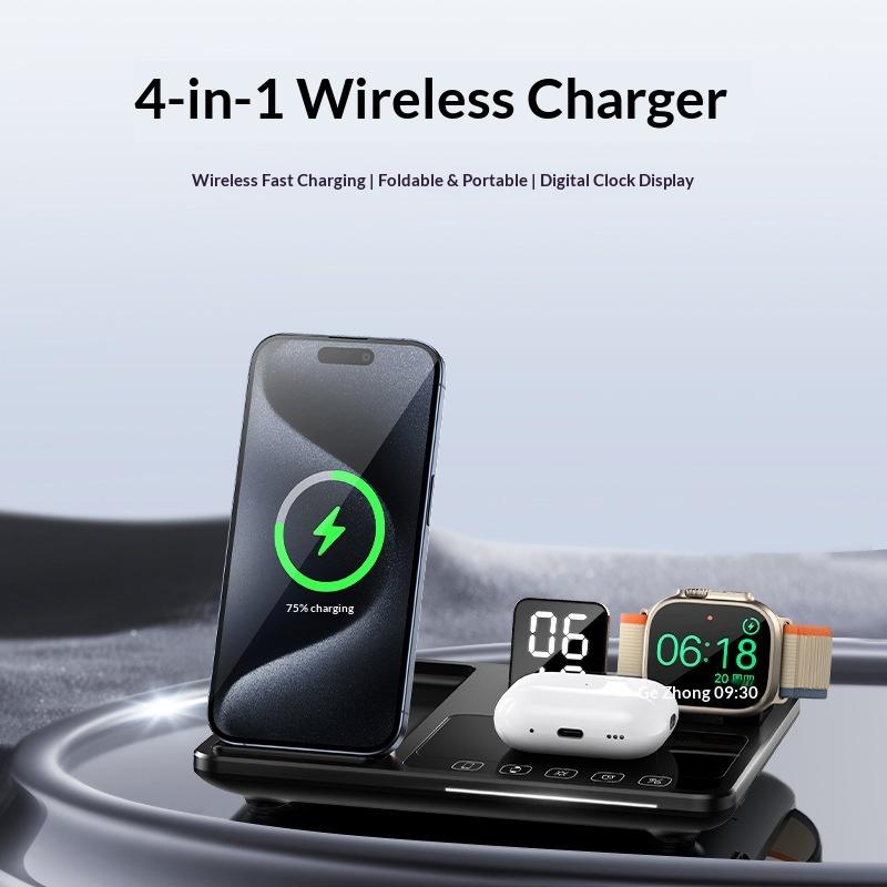 New 15W Wireless Charger Four-in-one Fast Charging Stand Clock Foldable Automatic Lifting for Mobile Phones Headphones Watches