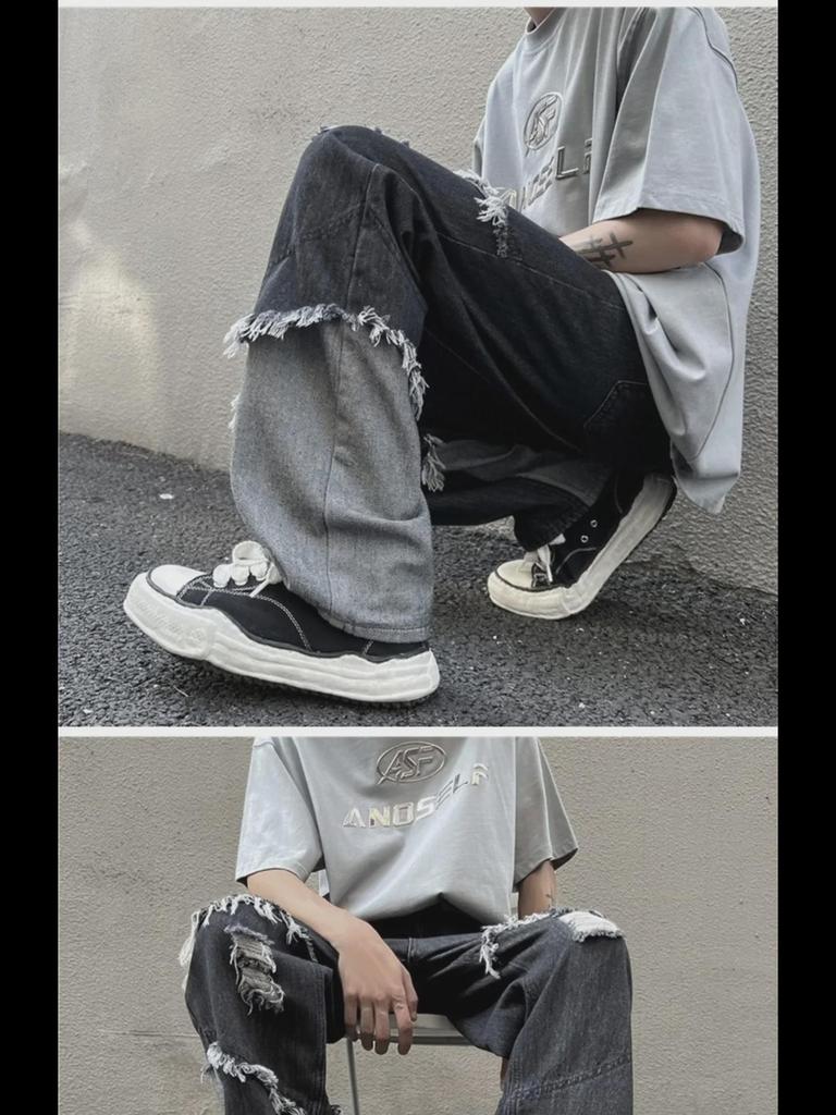 Men's Trendy Harajuku Tassel Jeans - Loose Fit, Raw Edge, Hip-Hop Style with Contrast Color Straight Pants