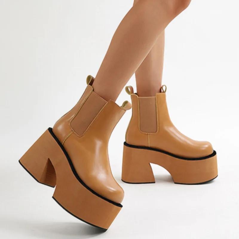 Женские сапоги на высоком каблуке 2024 года, новые модные сапоги из искусственной кожи на толстой подошве в готическом стиле, женские повседневные сапоги без застежек на осень до середины икры