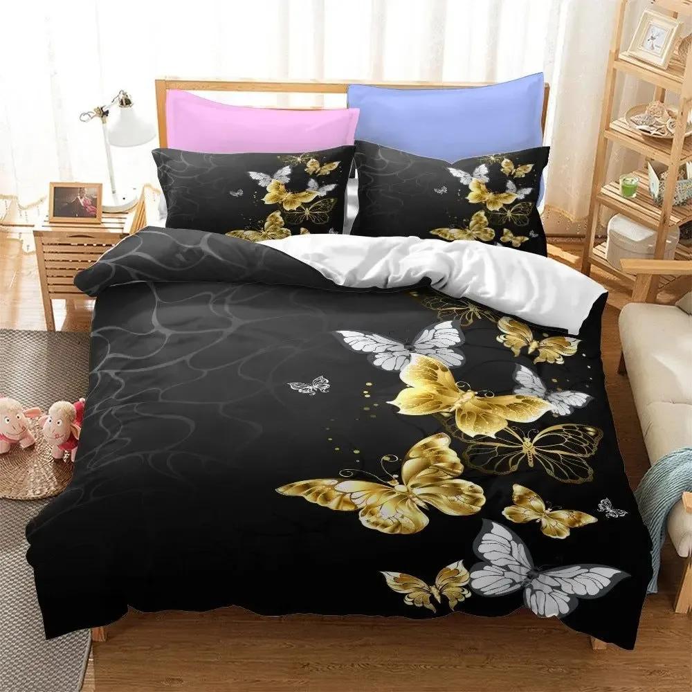 Gold Butterfly Duvet Cover Set for Girls Gold and White Butterflies Bedding Sets Flying Butterfly Black Luxury Comforter Cover