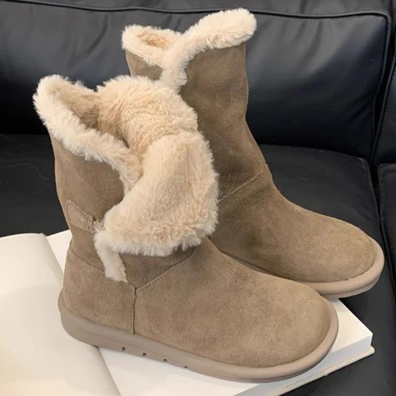 Меховые женские полусапожки из замши на плоской подошве, женская обувь 2025 года, тренд, зимняя мода, бренд, спорт, повседневные, удобные, для ходьбы, женские зимние ботинки