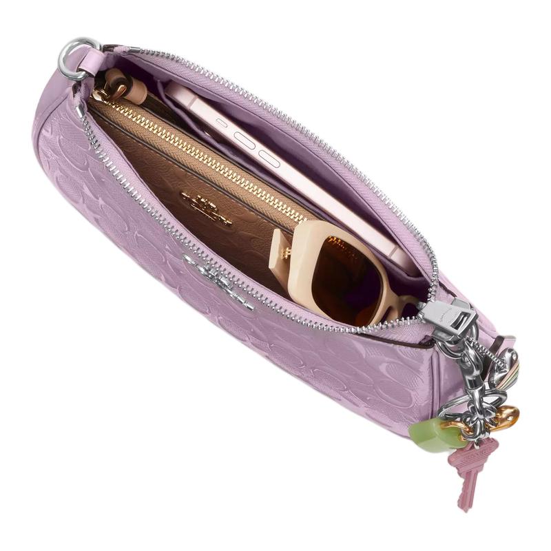 Coach Teri 25 Шарм-сердце Серебристая металлическая кожаная сумка через плечо Средняя Женская Светло-фиолетовая