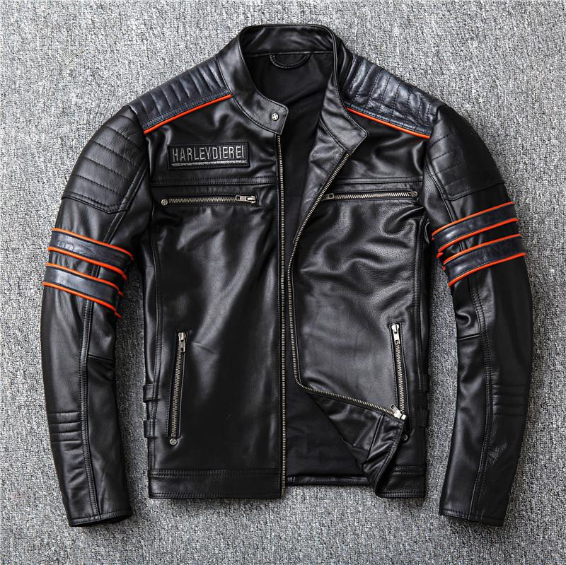 Harley Мотоциклетная кожаная куртка с вышивкой черепа из воловьей кожи для мужчин, старая короткая кожаная куртка, одежда для езды на мотоцикле