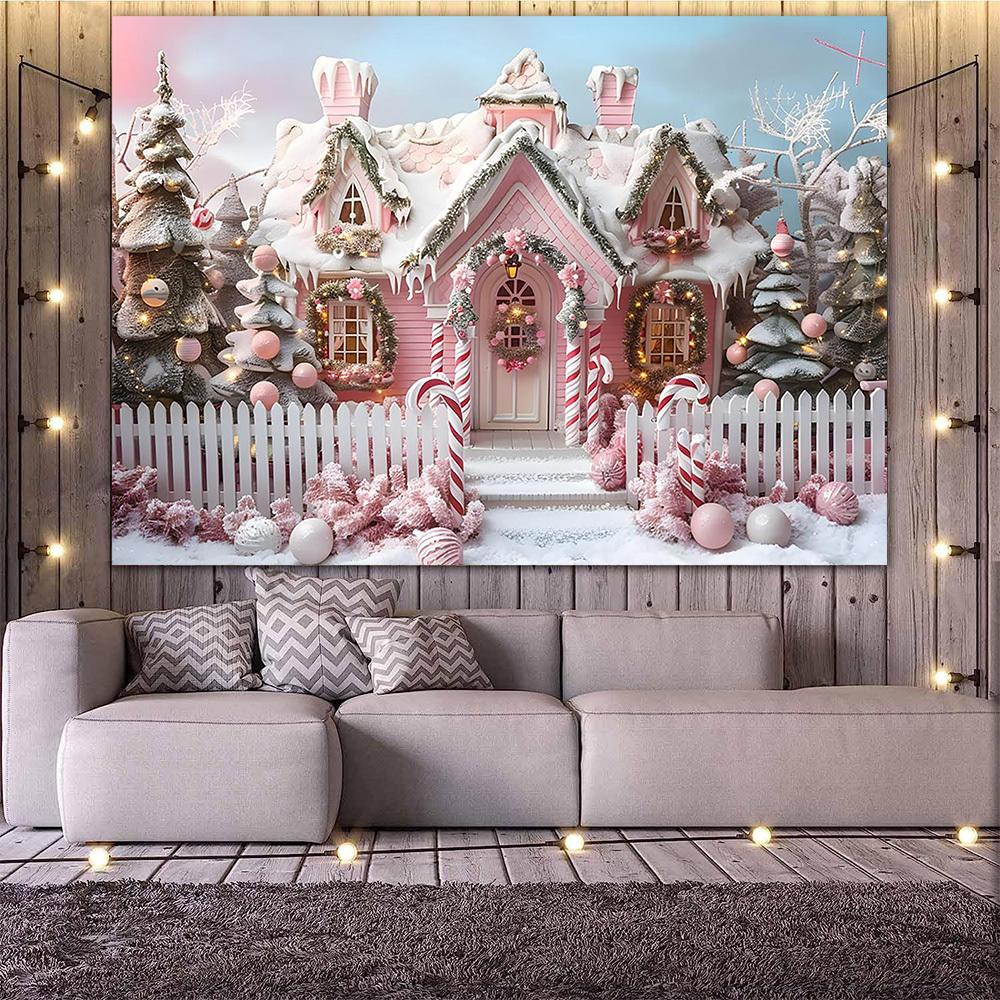 2D flat 1pc pink Christmas house background with candies and snow scenes - banner for holiday parties weddings birthdays