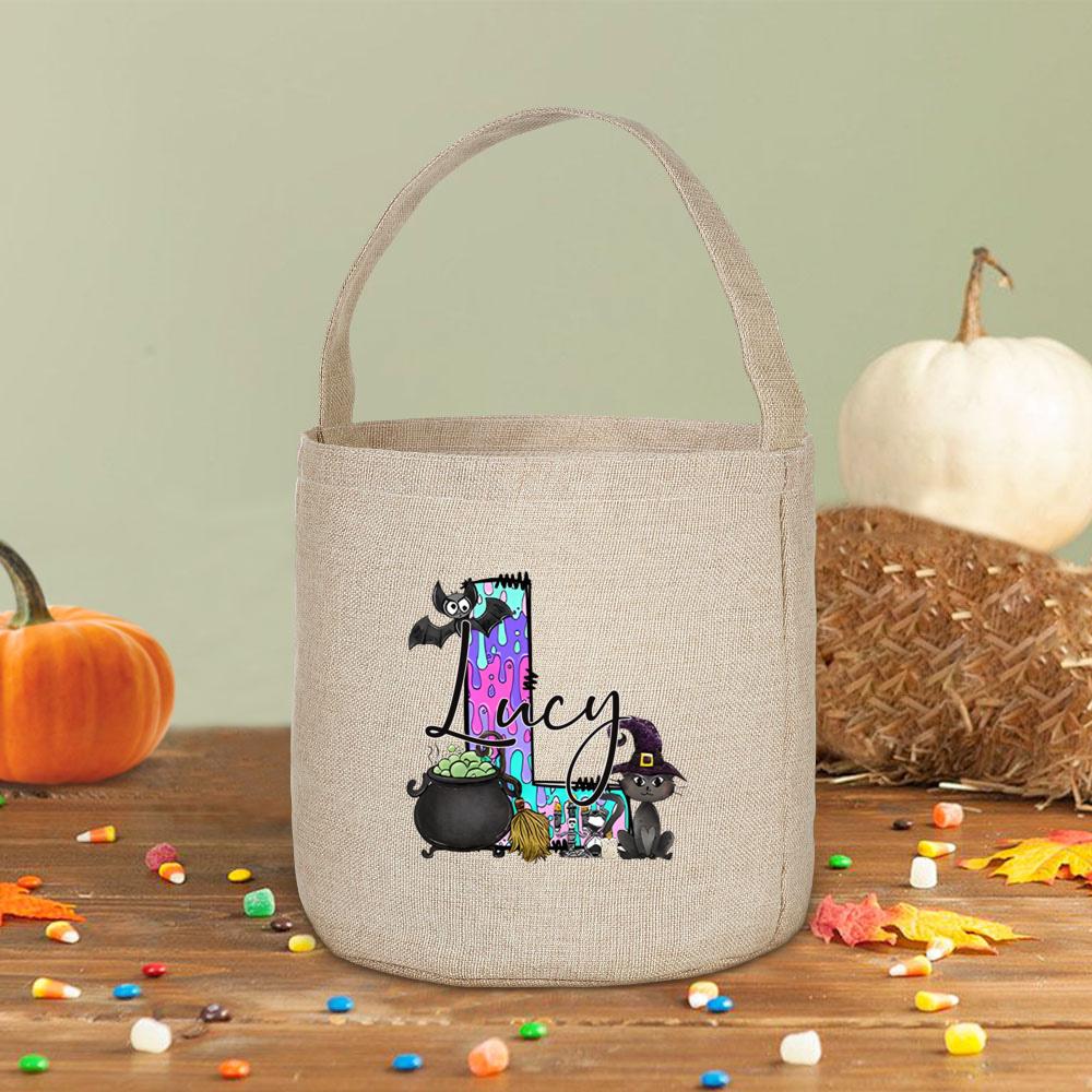 Персонализированный мешок для сладостей с именем 'Trick or Treat Bagm', Подарок на Хэллоуин, Ведерко для конфет на Хэллоуин, Подарочная корзина на Хэллоуин, Сумка с монограммой