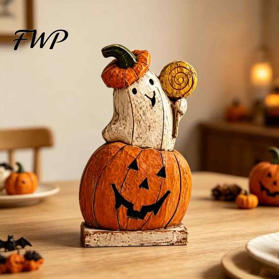 Rustic Pumpkin Table Decor Ghost Wooden Figurine, Vintage Halloween Tabletop Decor, Jack O Lantern Artistic Handcrafted Statue with Stable Base,