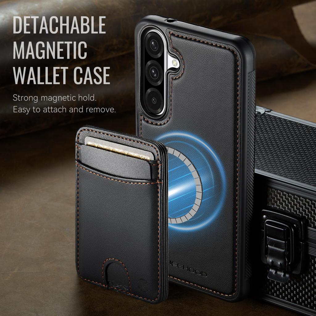 For Samsung Galaxy A26 5G Magnetic Case JEEHOOD J10 Leather Back Phone Cover with Detachable Card Holder Kickstand