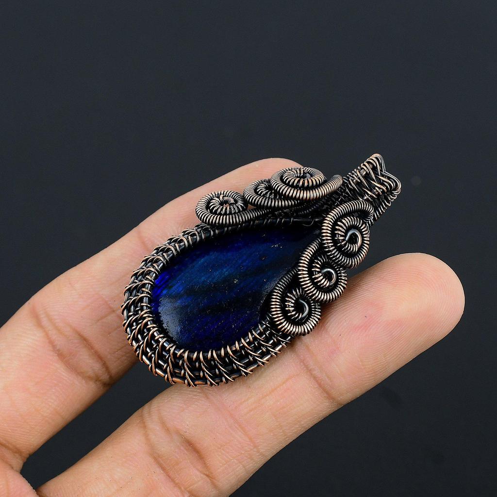 Blue Flash Labradorite Handmade Pendant, Natural Gemstone Jewelry, 999 Copper Wire Wrapped Pendant Jewelry, For Gift