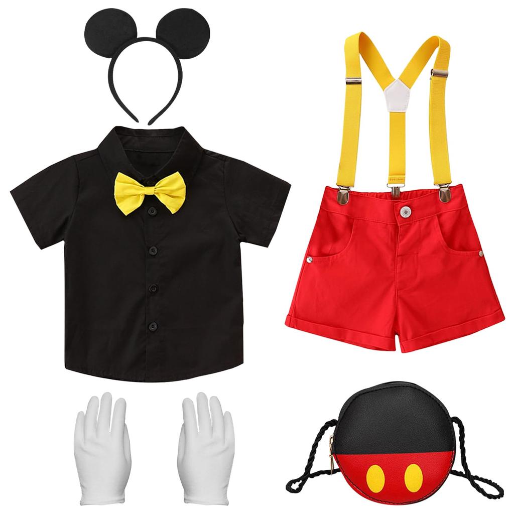 Formemory Mouse Costume, Kids' Cosplay, Baby Clothes, Halloween, Christmas, Cute, Amusement Park Gift, Deluxe 5-Piece Set (Shirt, Bib Pants, Hair