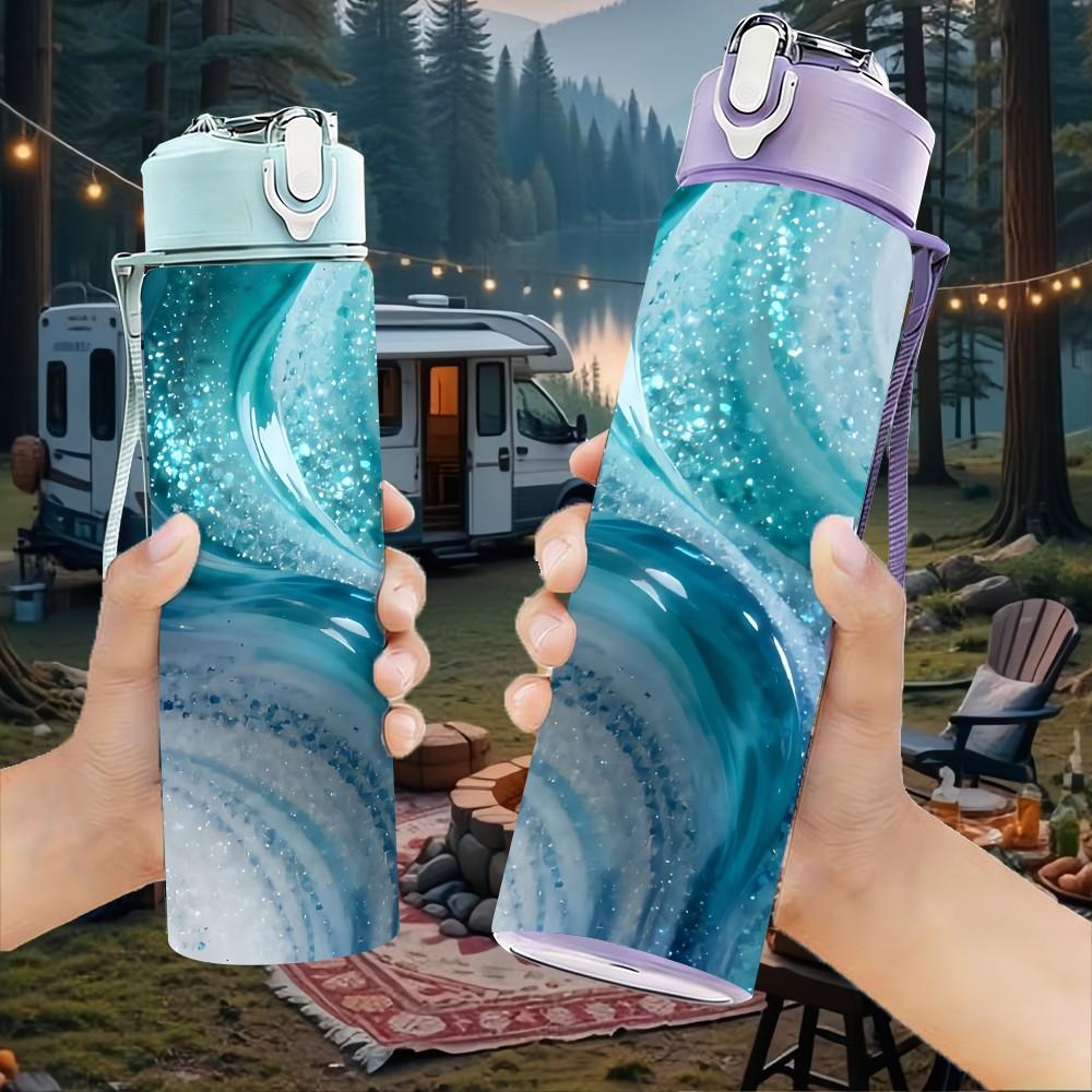 1PC Teal Blue Gold Marble Pattern 750ml Color Plastic Sports Water Bottle Leakproof Flip Straw Lid Suitable for Sports Office Home Use