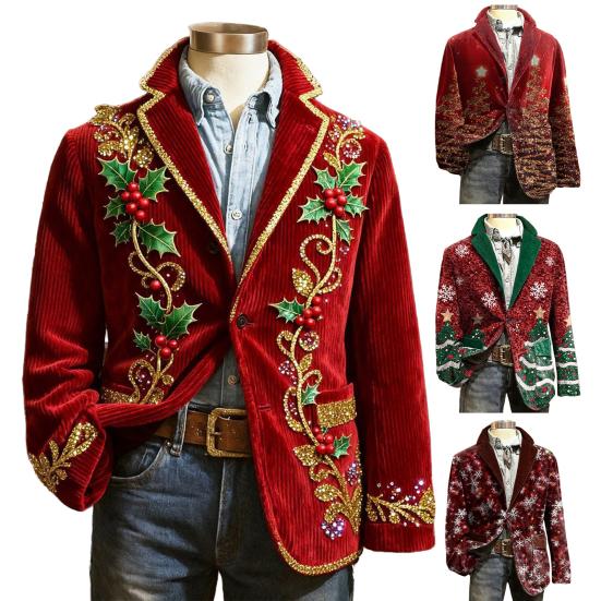 Пиджак Костюм Вельветовая Зимняя Куртка Приталенный Однобортный Пиджак Лацкан Длинный Рукав 3D Принт на Рождественскую Тематику Верхняя Одежда