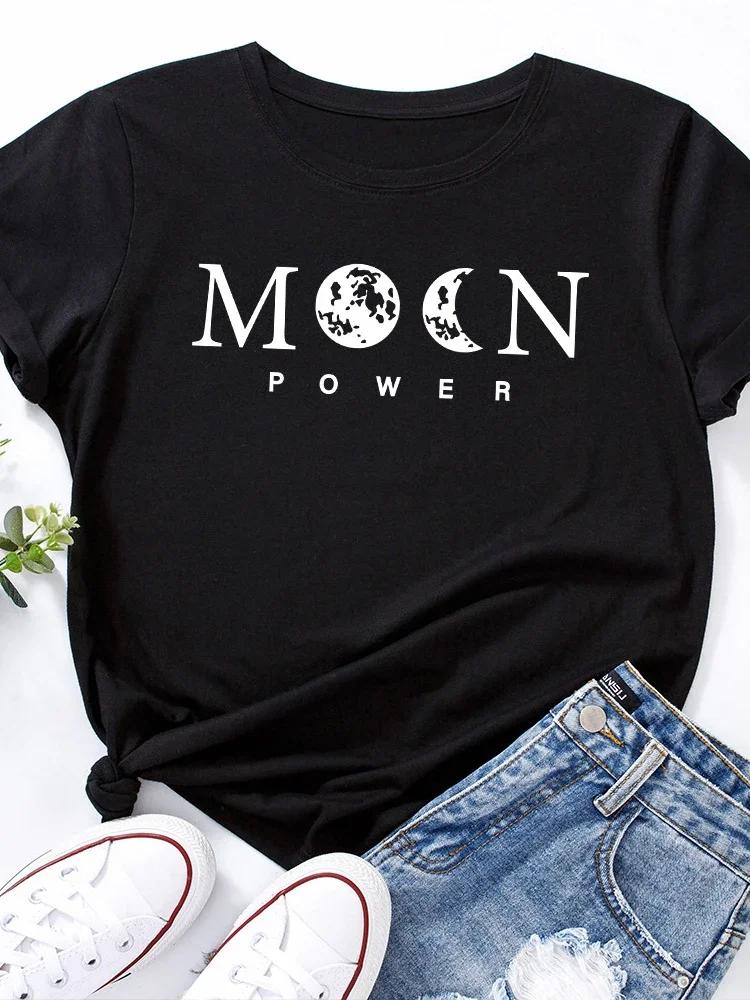 Футболка с принтом Moon Power, женская, с коротким рукавом, с круглым вырезом, свободная, летняя, женская, повседневная, футболка, топы, Camisetas Mujer