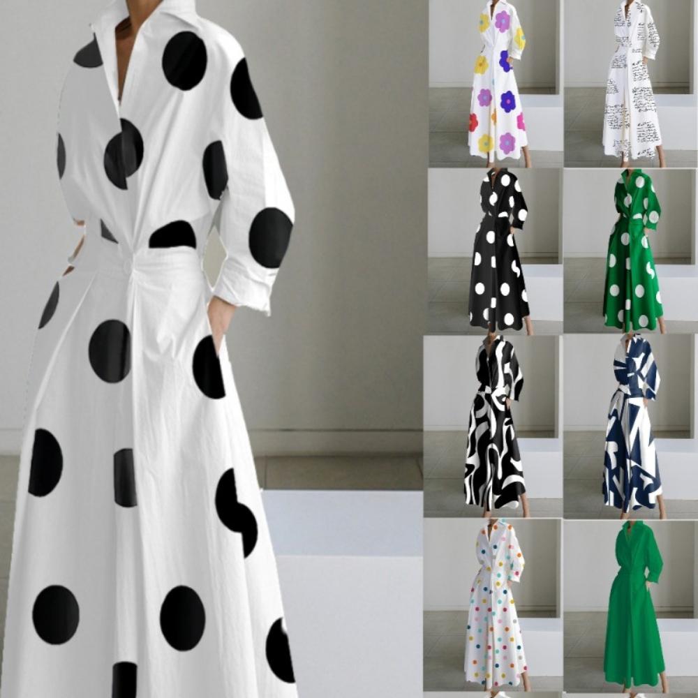 Women Casual Turn Down Collar Long Sleeve Loose Long Dress