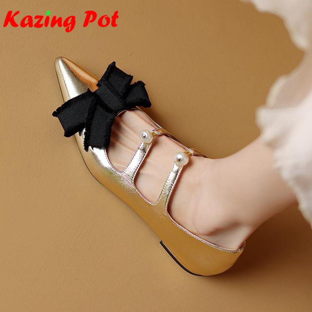 Krazing Pot Туфли-лодочки из коровьей кожи с острым носком, весенний размер 40, толстые низкие каблуки, женские туфли с острым носком, летние туфли-лодочки с завязкой-бабочкой на мелкой подошве