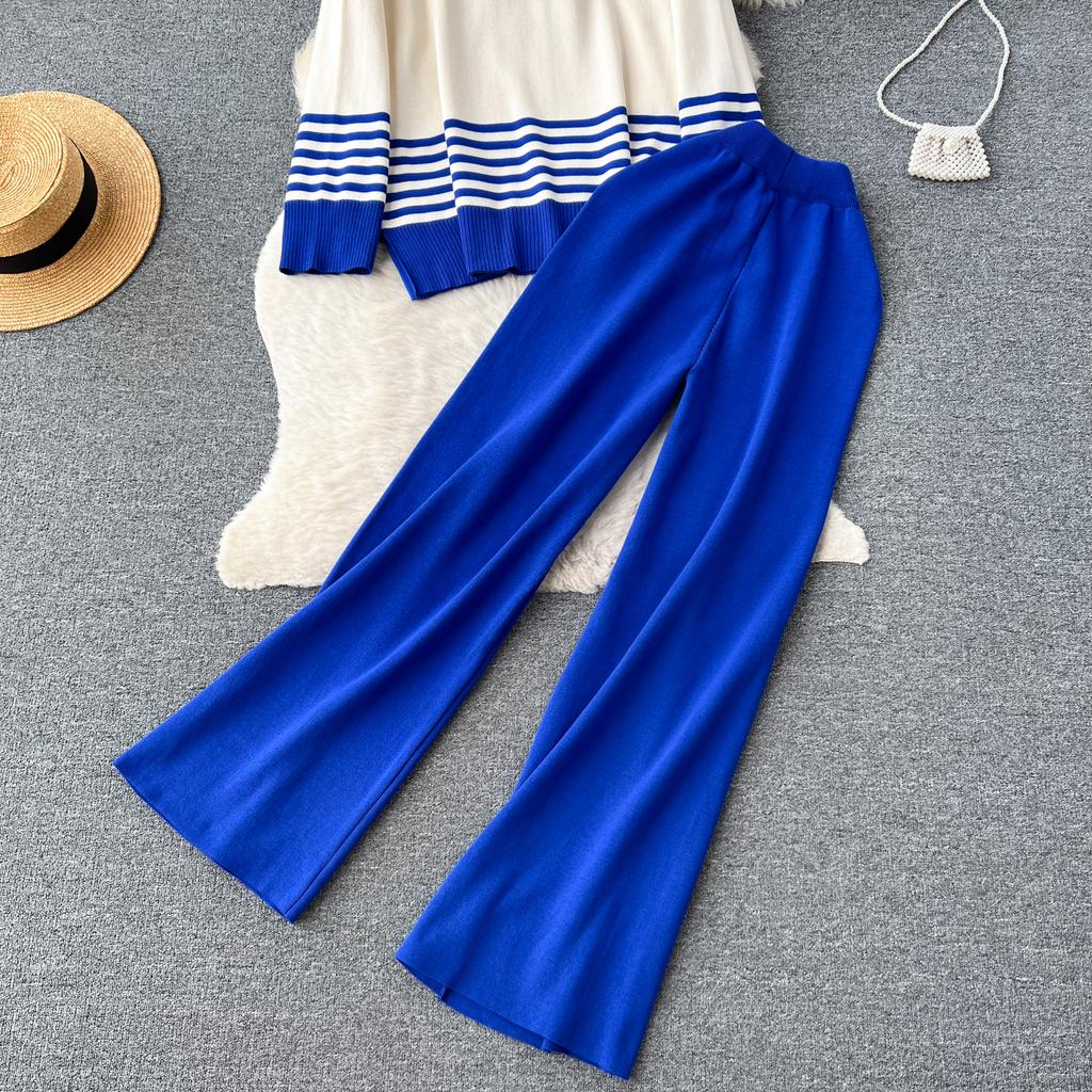 Осень-весна повседневные трикотажные комплекты с высоким воротником в полоску пуловер с разрезом + широкие длинные брюки женский модный свободный костюм-свитер